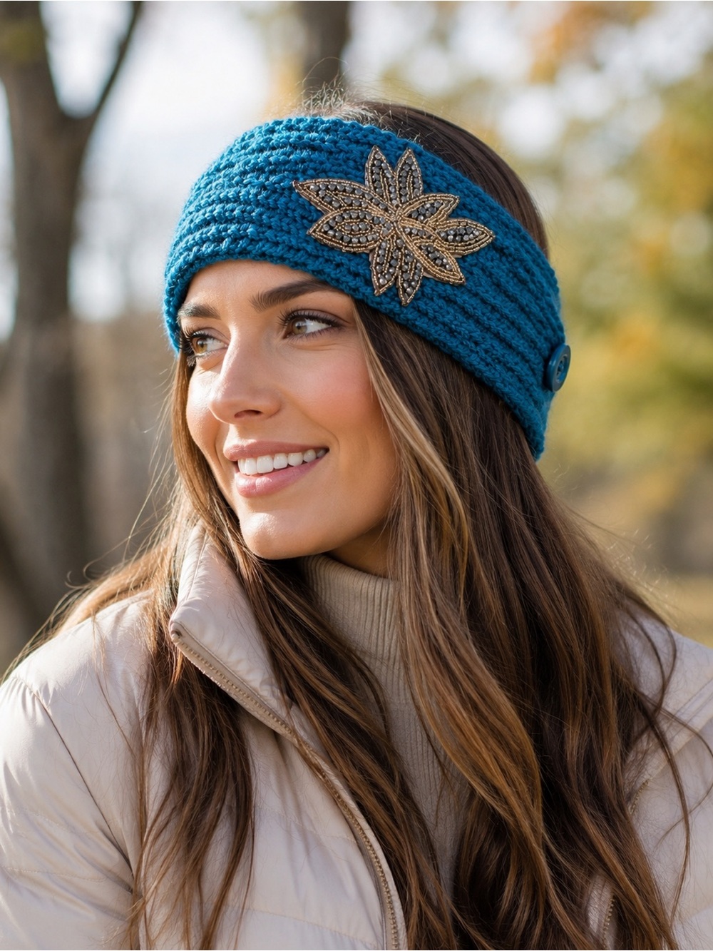 Knitted Teal Button Headband with Beaded Floral Accent